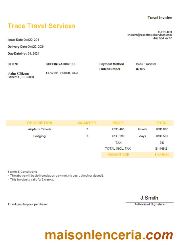 USA Trace Travel Services tekst faktury i szablon PDF
